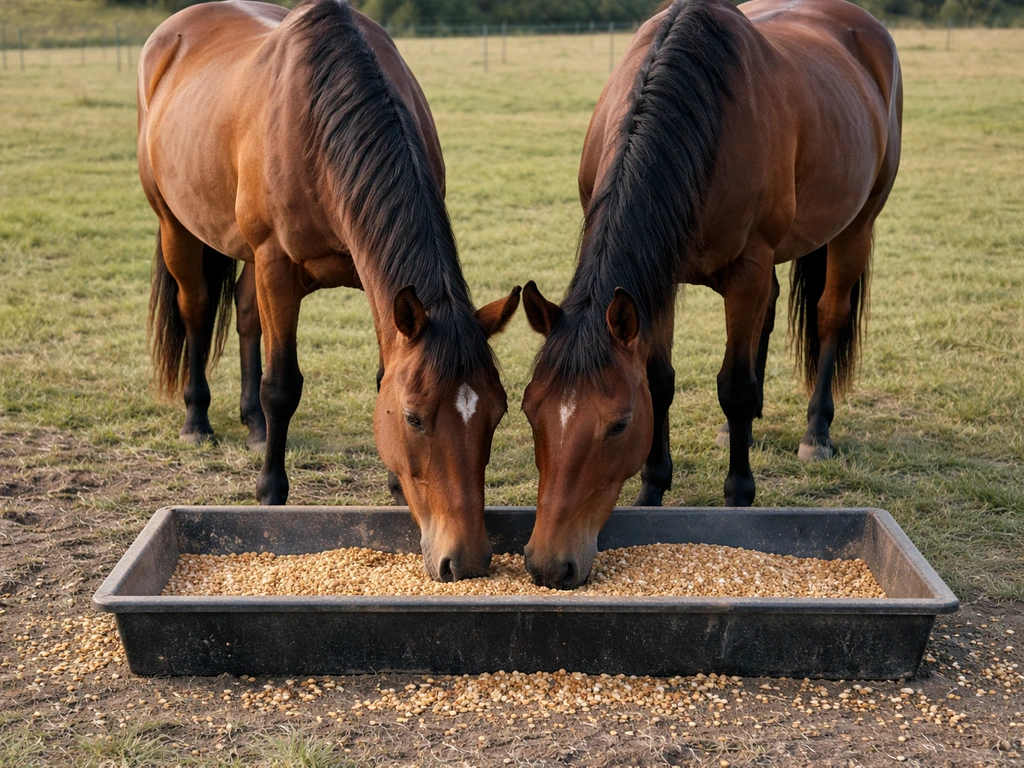 Brown horses in a grassy pasture near a ground-level feeder with spilled seed on the ground