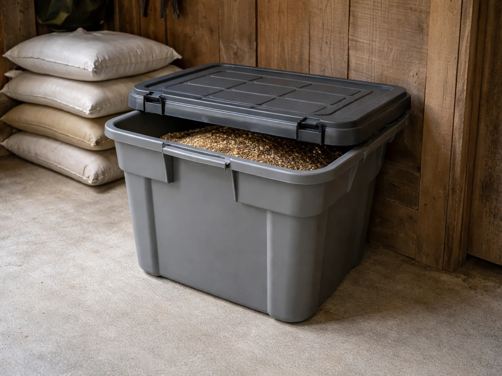 Locking plastic bin with bird seed in a clean barn storage area, separate from other supplies.