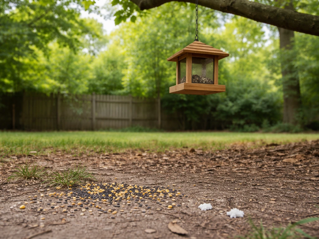 Bird feeder in a backyard with fallen seed and subtle droppings on the ground beneath it.
