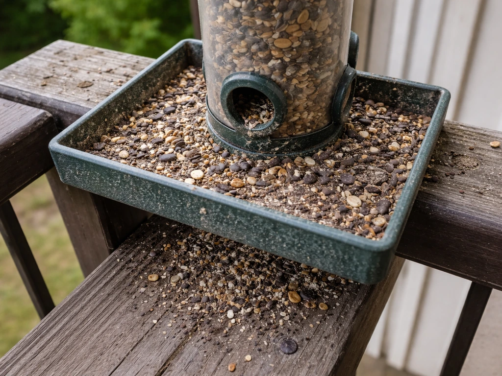 Close-up of a bird feeder with seed husks and droppings/tray debris beneath, showing contamination buildup.