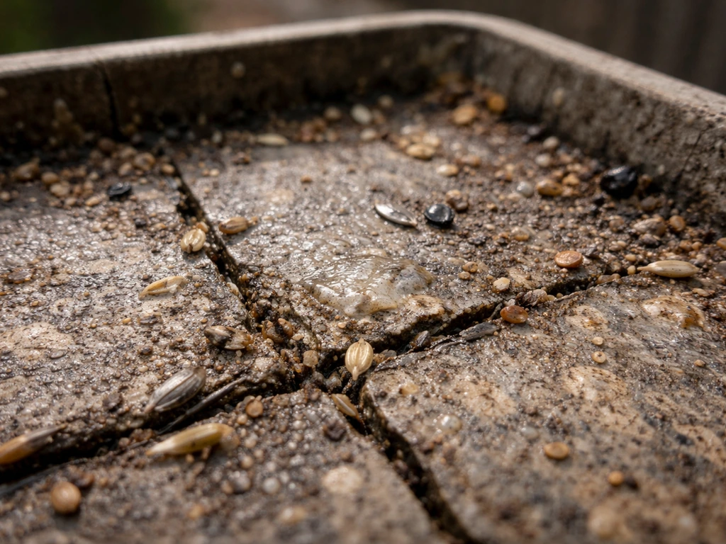 Macro close-up of a bird feeder tray showing cracks, seams, and built-up grime with small hulls.