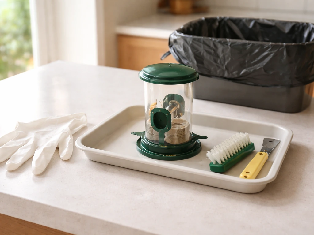 Disposable gloves and cleaning tools beside a small bird feeder on a countertop tray.