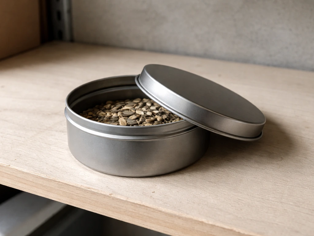 Close-up of dry garden seeds in a sealed metal container with a tight lid on a clean shelf