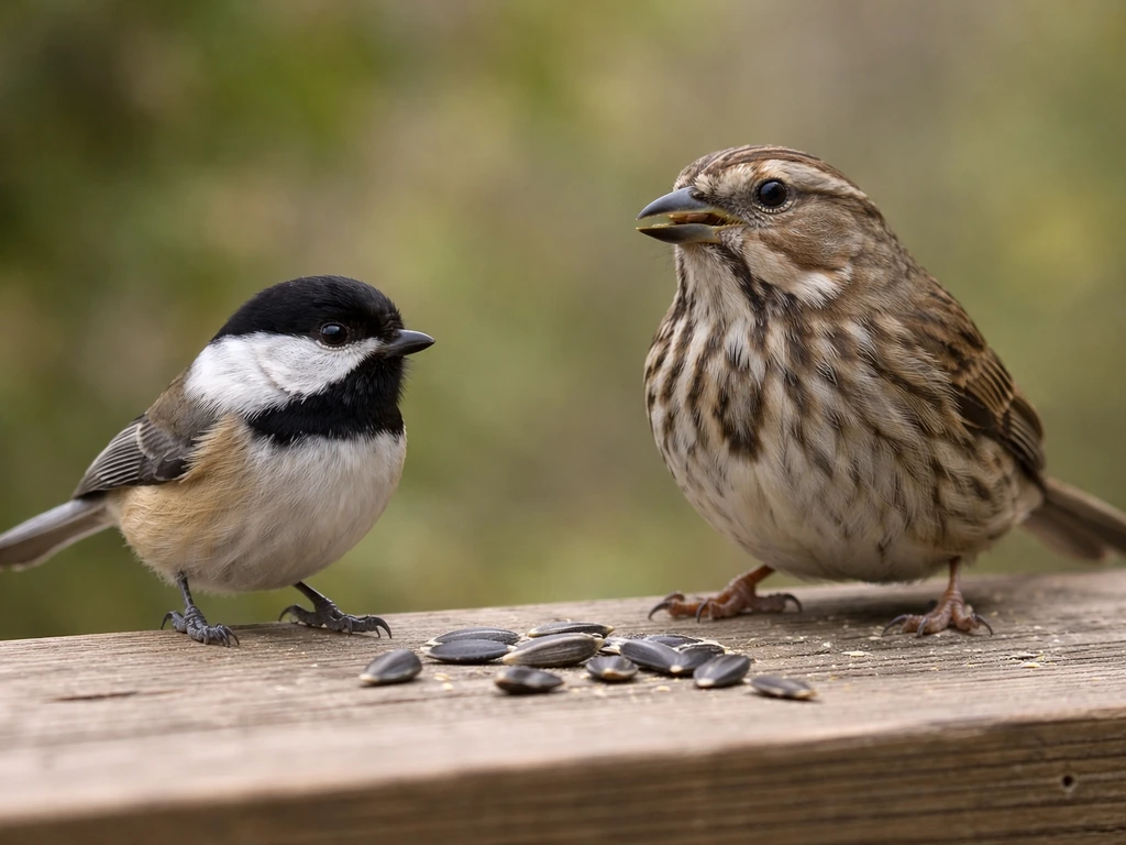 Small chickadee-like bird and larger finch-like bird perched side by side by seeds on a feeder.