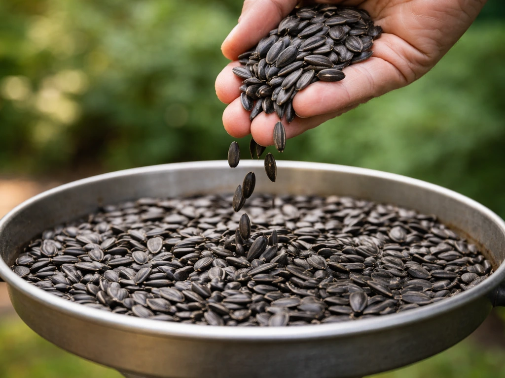 Close-up of black-oil sunflower seeds in a feeder tray, a few seeds falling from a hand