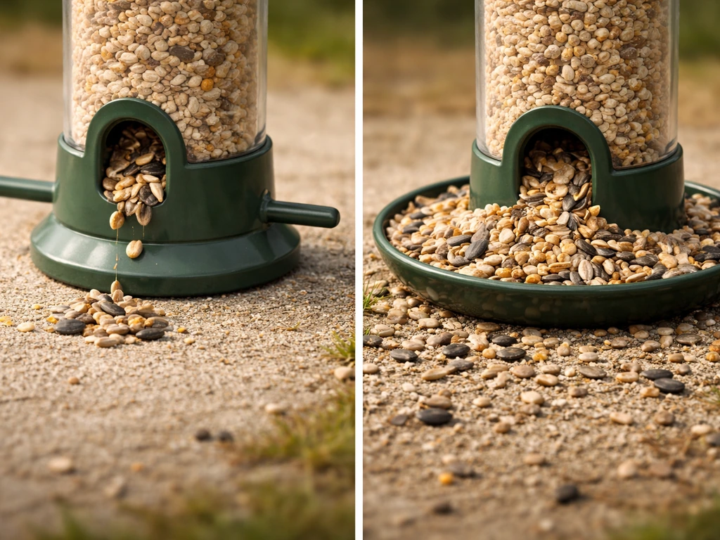 Close-up of a tube feeder port and seeds, contrasting contained feeding vs scattered waste on the ground.