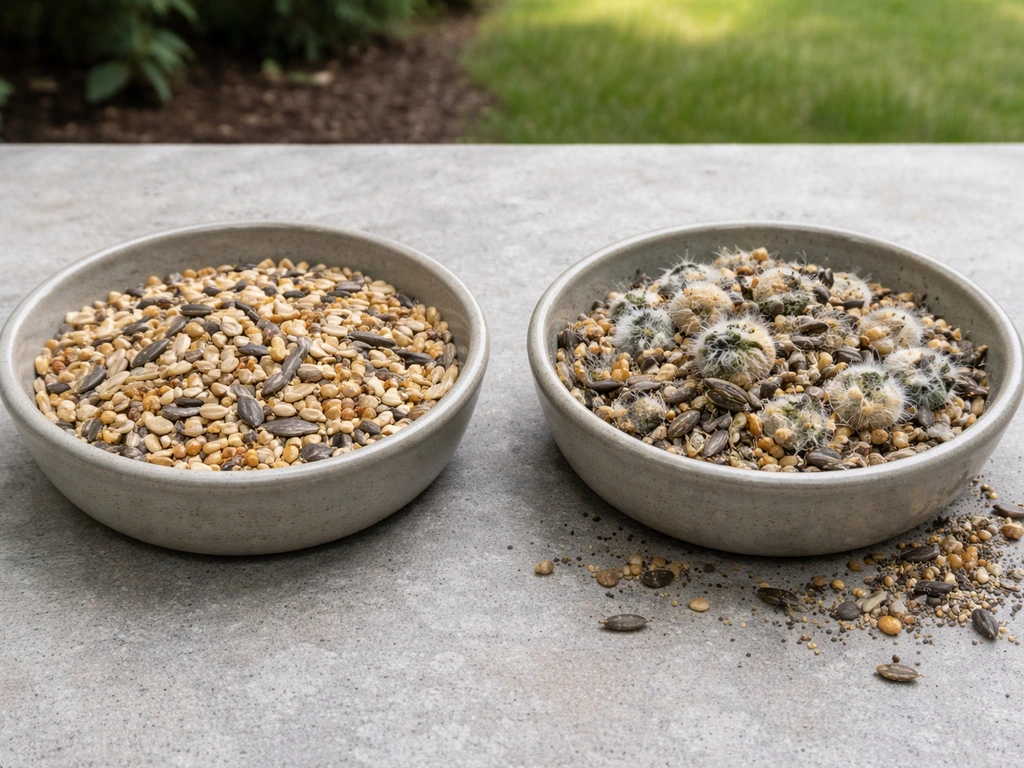 Two bowls of bird seed side-by-side: dry loose seed versus clumped, damp, moldy seed with debris and pests.
