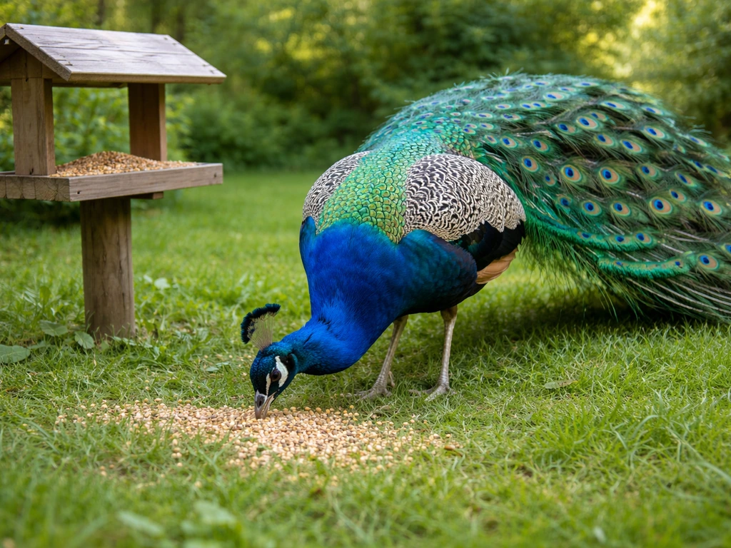 Vibrant adult peacock eating clean bird seed from the ground near a backyard feeder