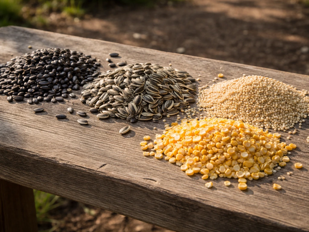 Assorted bird seeds—sunflower, millet, and cracked corn—scattered on a simple wooden board outdoors.