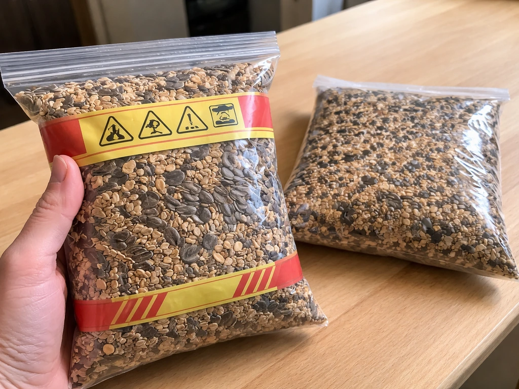 Hand holds a bird seed bag with treated-style warning markings beside a plain food-grade seed bag.