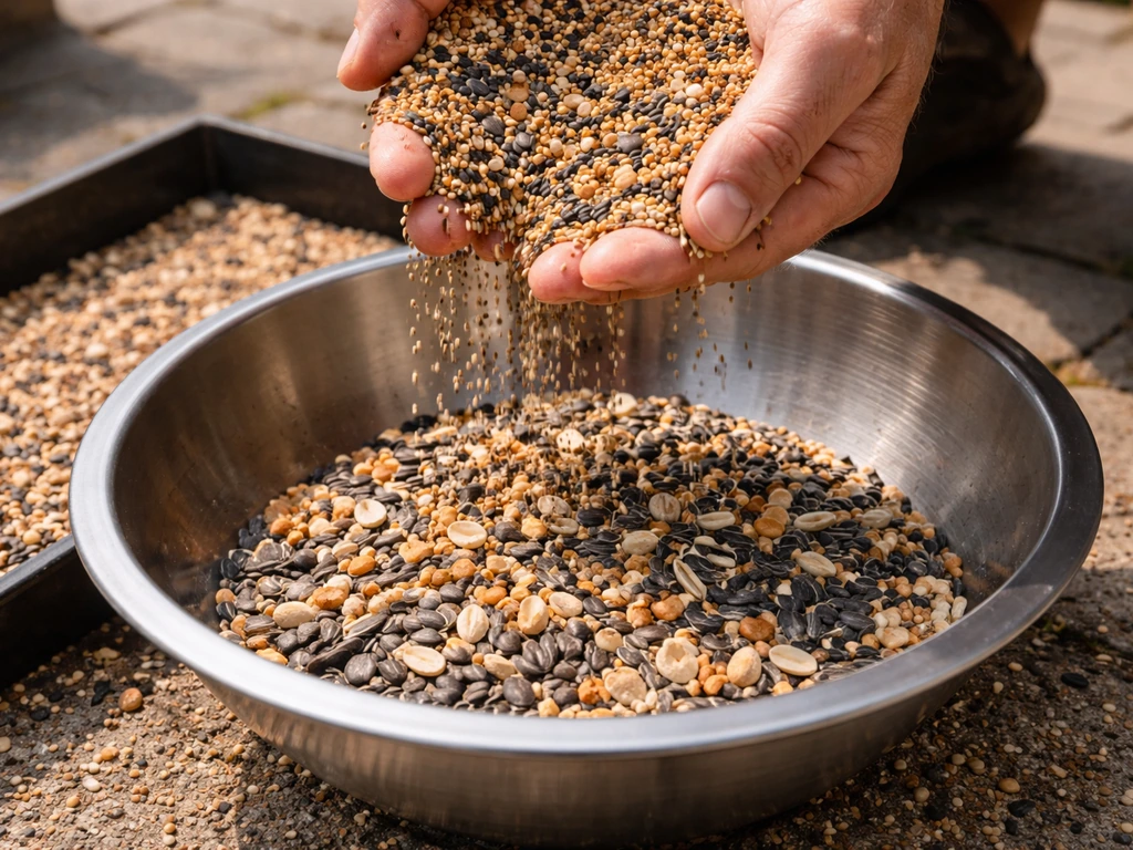 Hands sifting a wild bird seed mix, discarding smaller filler seeds into a bowl outdoors.