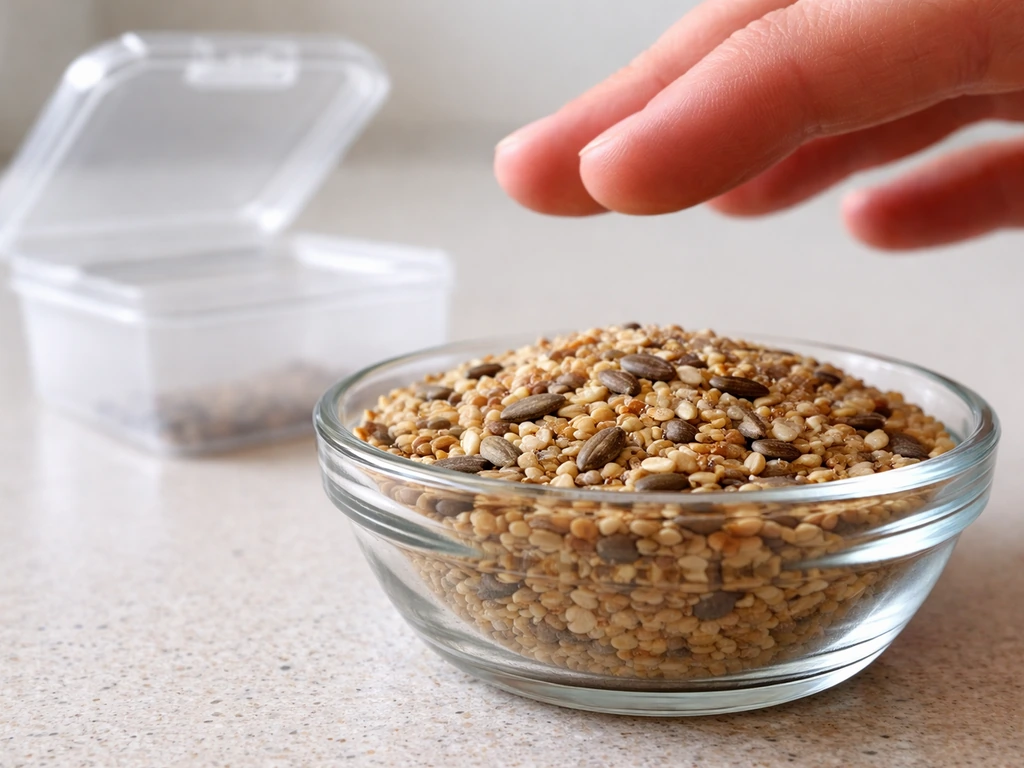 Close-up bird seed with tiny visible pests next to an open container and hand inspecting it for bugs.