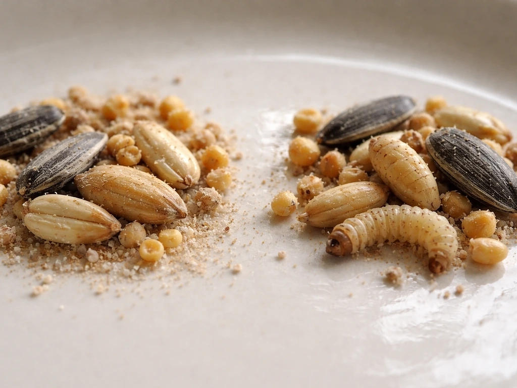 Close-up of bird seed with two distinct pest types—pale speck-like mites and visible larvae—on a plate.