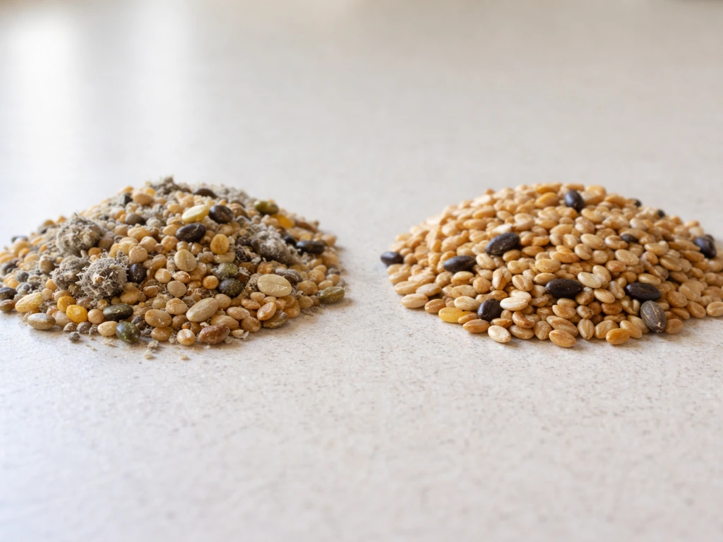 Two contrasting piles of bird seed—one dusty/discolored from possible mold, one clean and dry.