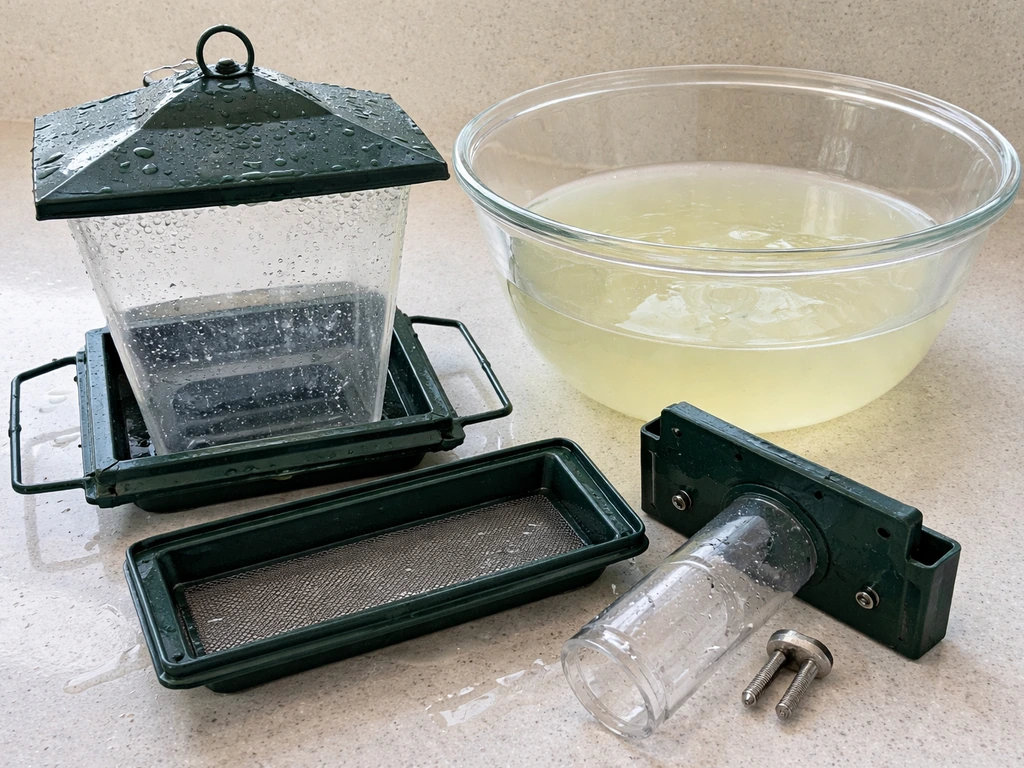 Disassembled bird feeder parts soaking in a pale bleach-water solution in a clear bowl on a countertop.