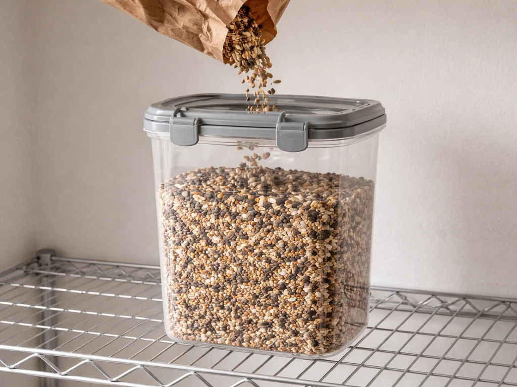 Bird seed being poured from a paper bag into a locking airtight container on a dry shelf
