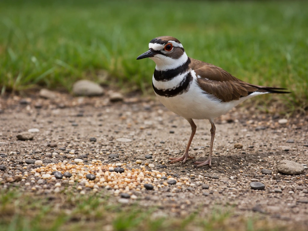 Killdeer standing on gravel near scattered bird seed, suggesting whether it eats the seeds.
