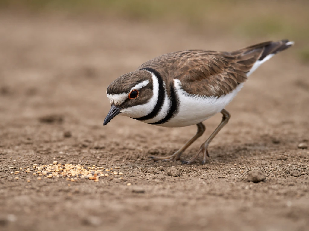 A killdeer foraging on bare ground near a small scatter of bird seed.