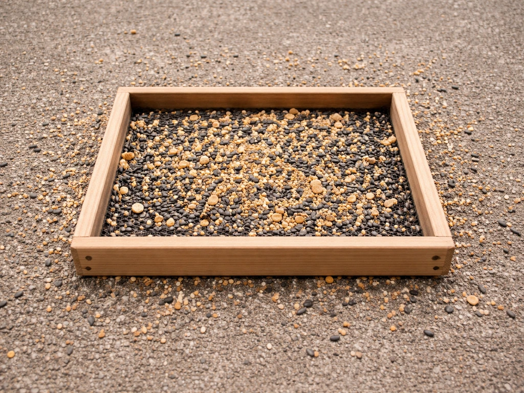 Top-down view of a low ground tray feeder with scattered seed on an open patio surface