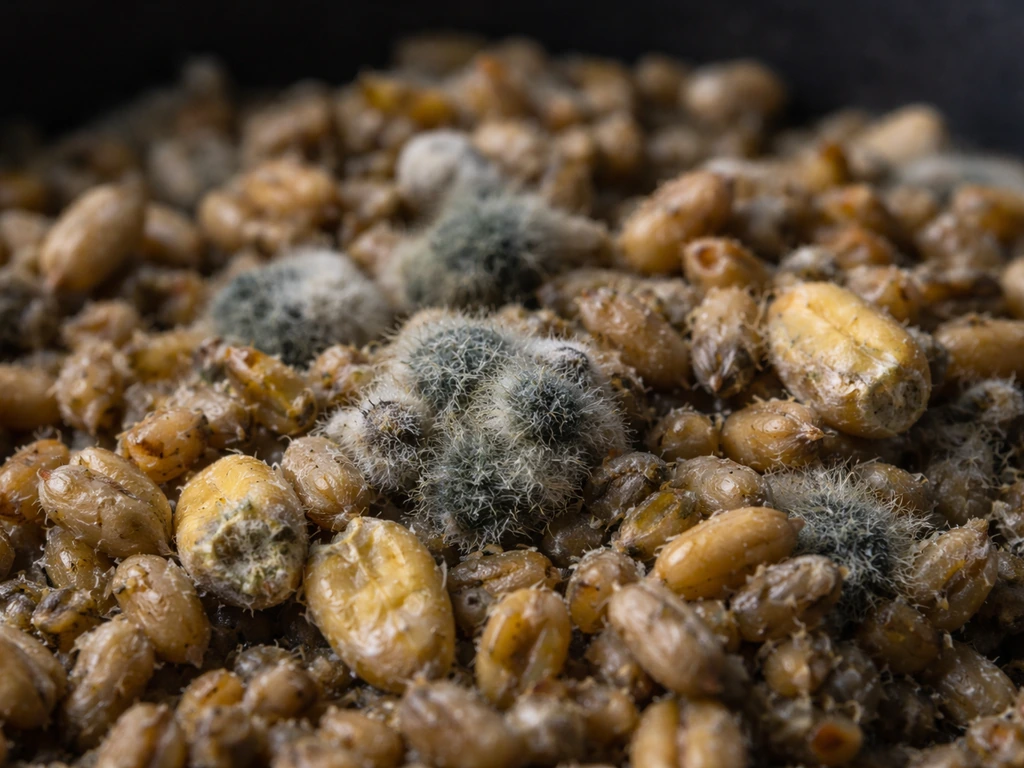 Close-up of spoiled, damp grain with fuzzy greenish mold against a dark background.