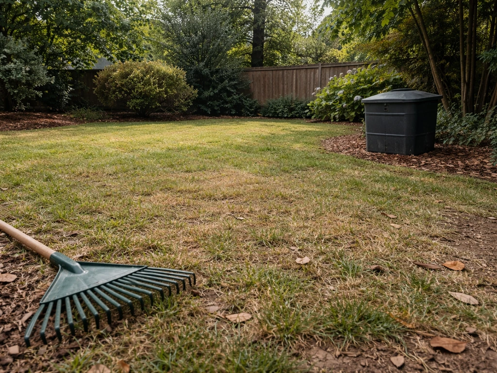 Backyard lawn patch with short grass and bare soil, plus a covered garden container to deter seeding.