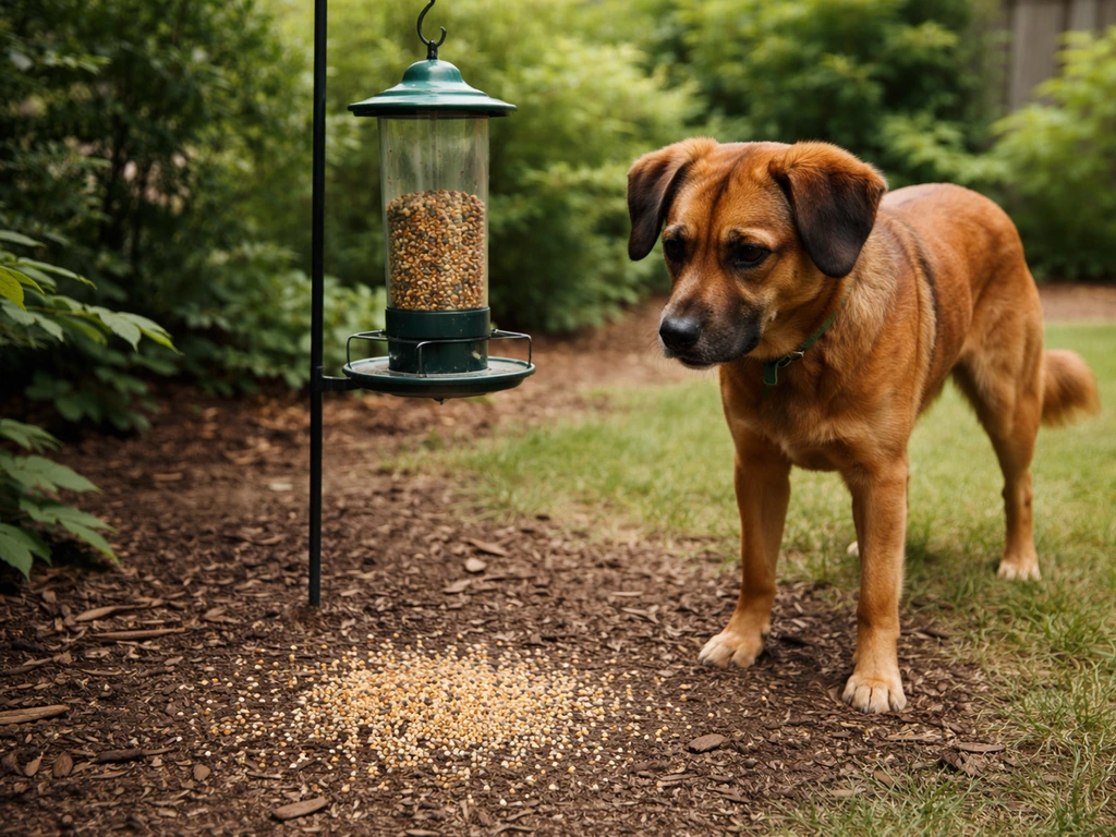 Brown dog near a hanging bird feeder with scattered bird seed on the ground