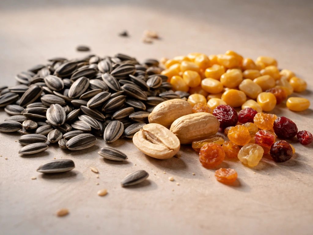 Close-up bird-food ingredients—sunflower seeds, peanuts, corn kernels, and dried fruit—on a plain surface.