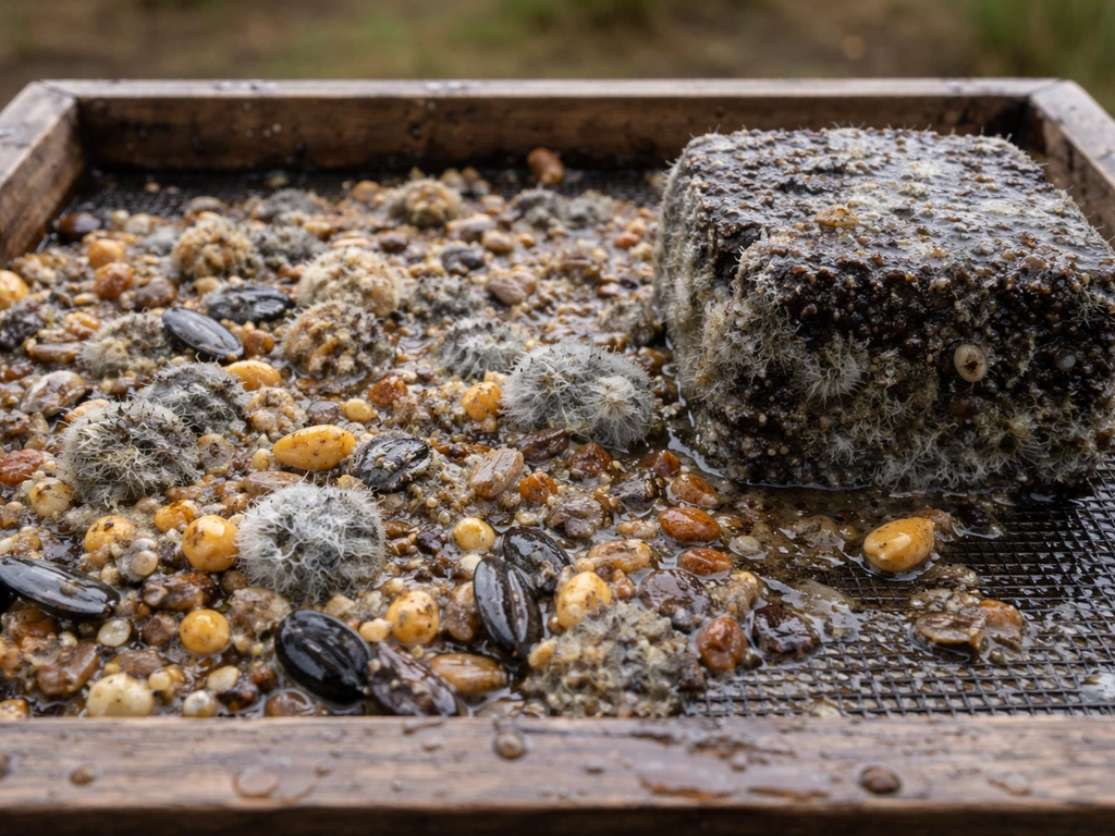Wet, clumped bird seed and suet in a feeder tray with visible mold.