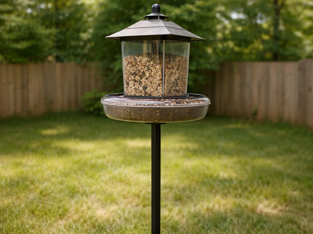 High-mounted bird feeder with an enclosed catch tray capturing spilled seed, no dog visible