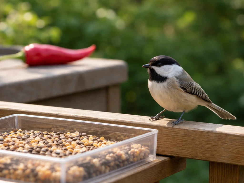 A small backyard bird perched at a feeder, with a nearby chili pepper as a spicy reference.