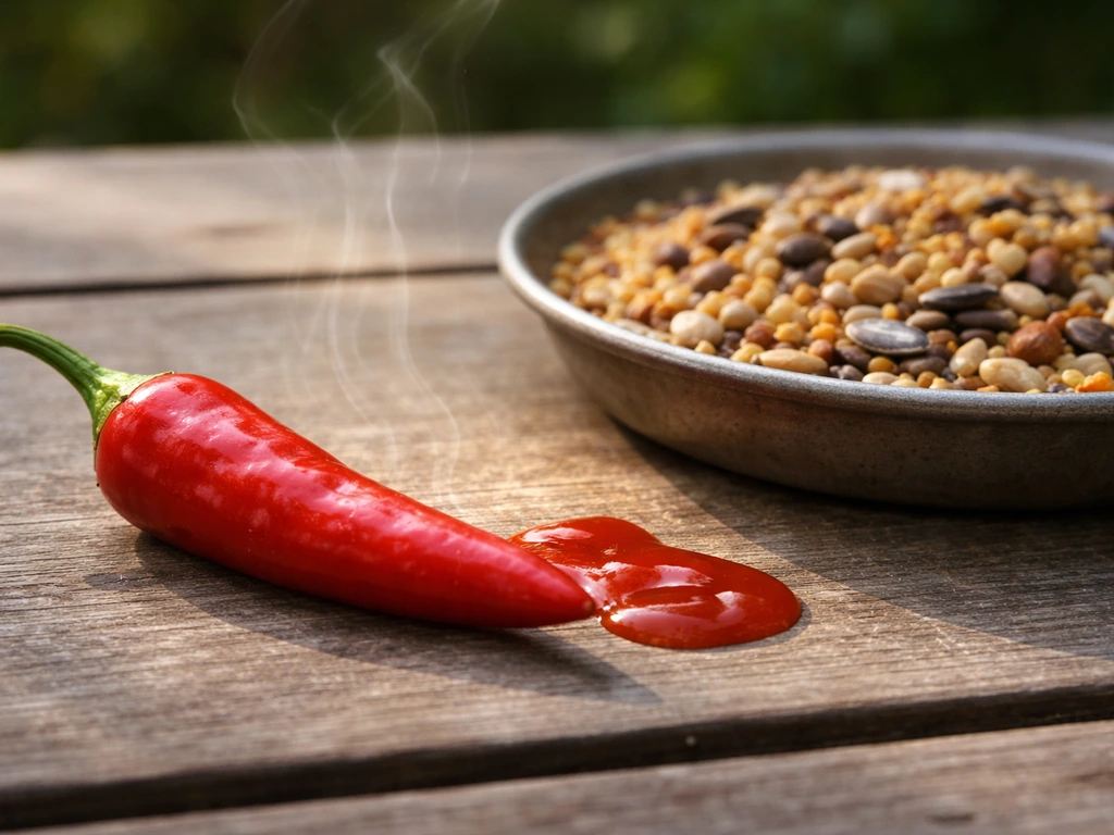 Chili pepper releasing capsaicin-like heat beside bird feeder seeds, linking spicy to capsaicin.