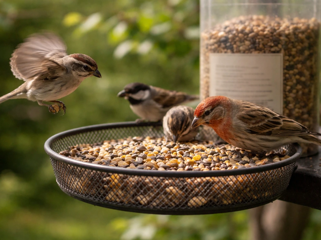 Small backyard birds perched at a bird feeder with spicy-treated seed, captured in natural light