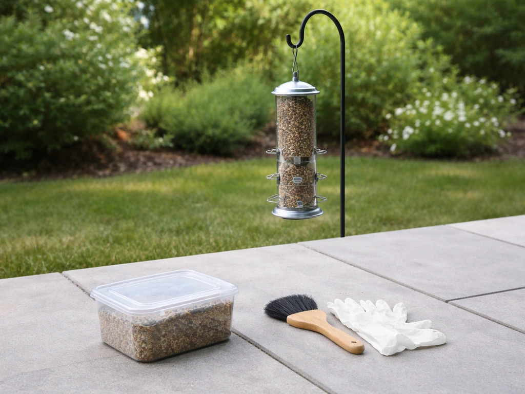 Clean bird feeder with gloves, a small brush, and a sealed seed container on a patio.