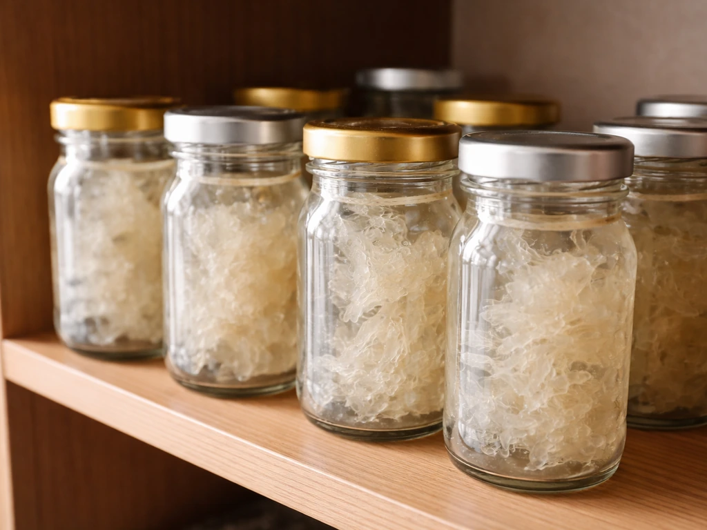 Assorted bottled bird’s nest with intact seals on a pantry shelf, suggesting safe expiration checks.
