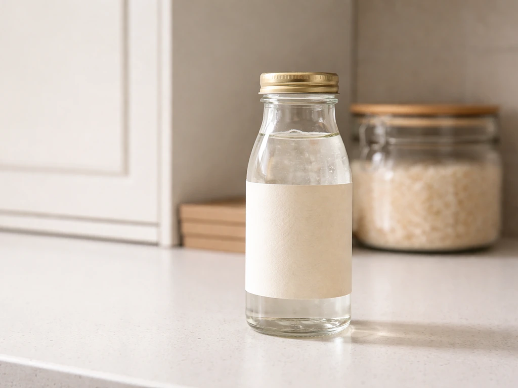 Clear glass bottle of bird’s nest on a kitchen counter with an unreadable label, shown in natural light.