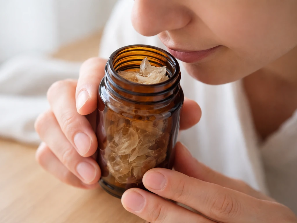 Close-up of an open bottle with a person’s hand holding near the mouth, checking scent