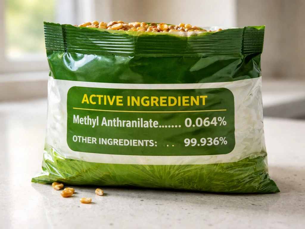 Close-up of Bird Stop bird deterrent seed packaging with treated seed focus, showing hazard context.