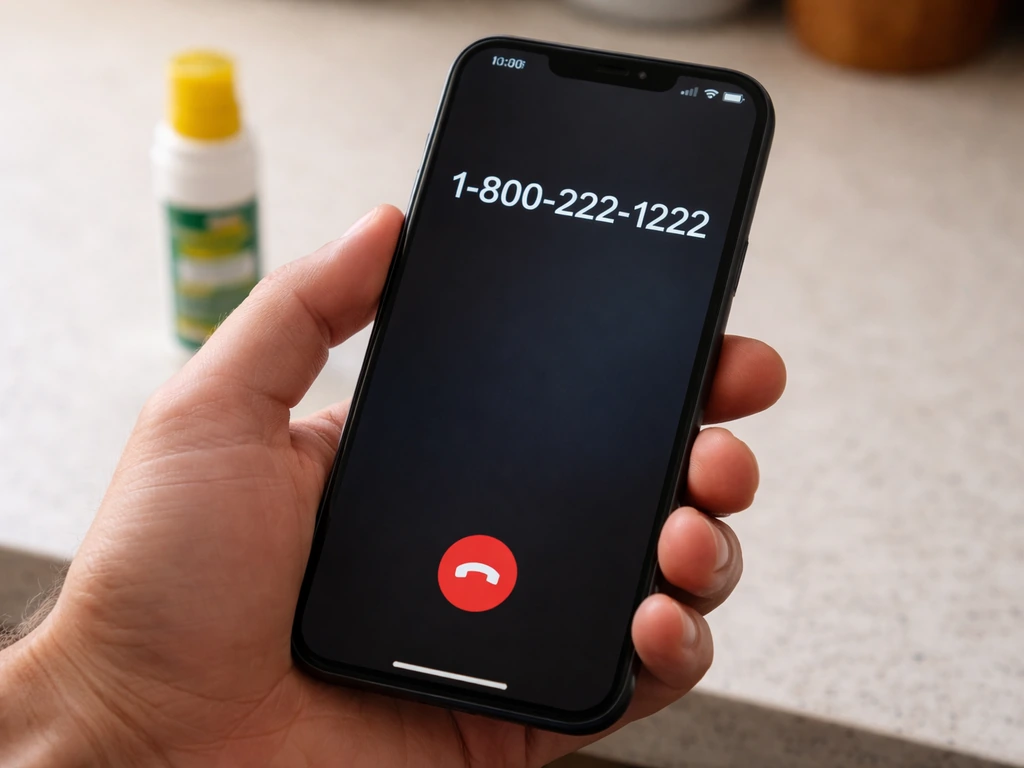 Person’s hand holding a phone while calling poison control, with a nearby Bird-X product container.