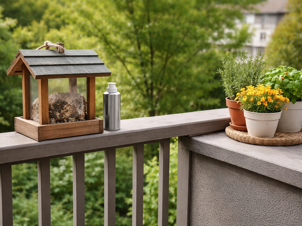 Wooden bird feeder with a nearby spray can, suggesting deterrents should be kept away from people/pets.