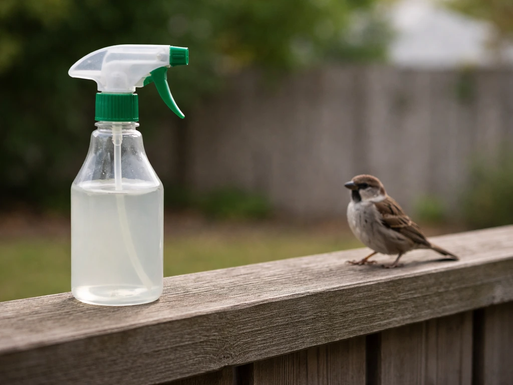 Minimal close-up of a garden bird deterrent bottle and a small bird perched nearby on a fence