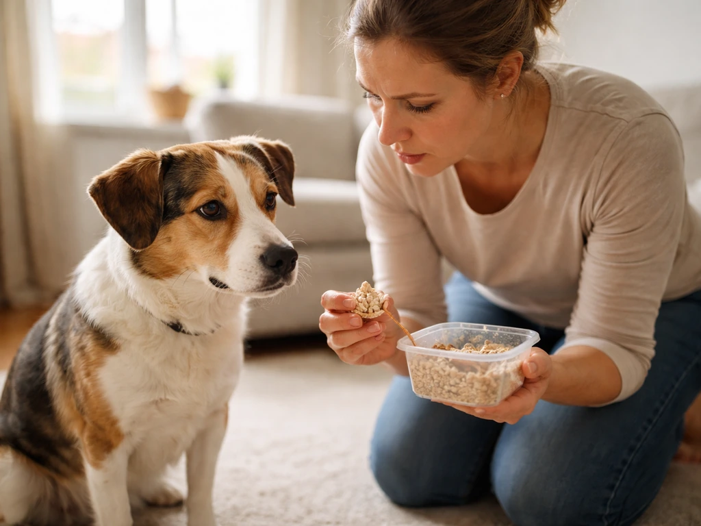 Concerned person holding a small suet piece near a dog indoors, showing immediate steps after ingestion
