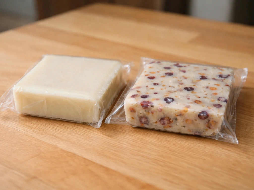 Close-up of two bird suet packages: plain fat vs suet mixed with dried fruit pieces.