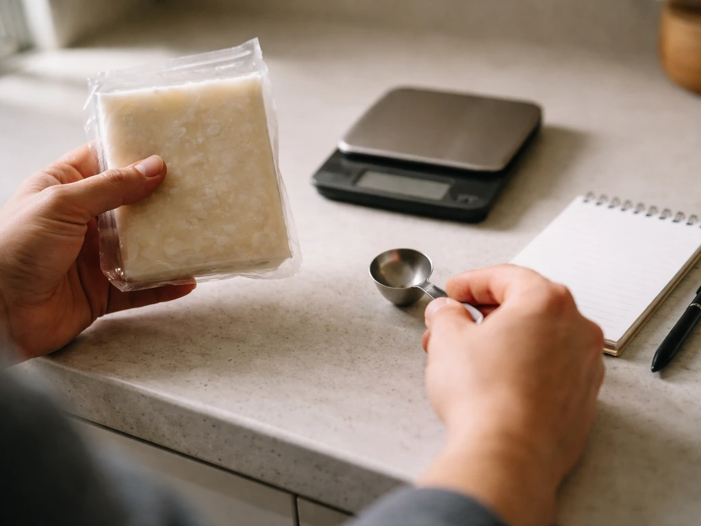 Hands reading a suet label on a kitchen counter with a spoon, blank notepad, and scale nearby.