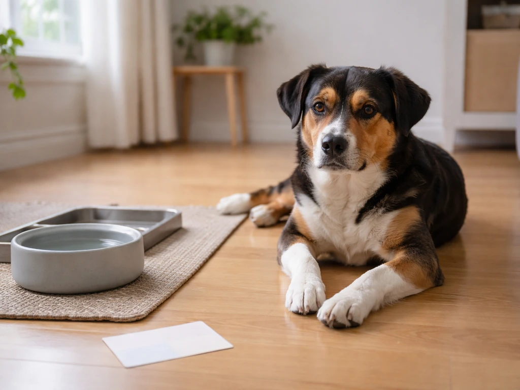 Calm adult dog resting indoors beside a water bowl and an empty tray for safe home monitoring.