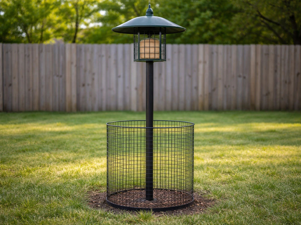 Backyard suet feeder high on a pole with a covered, dog-proof barrier to prevent pets accessing fallen scraps.