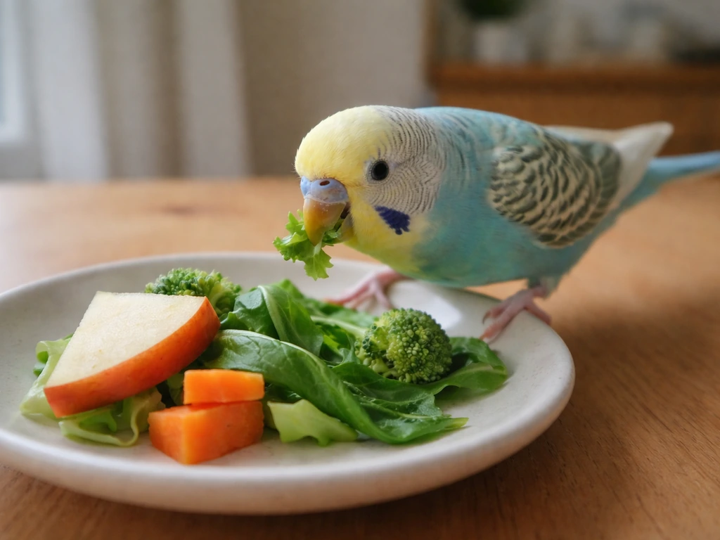 A parakeet eating leafy greens and fruit from a small plate on a kitchen table.