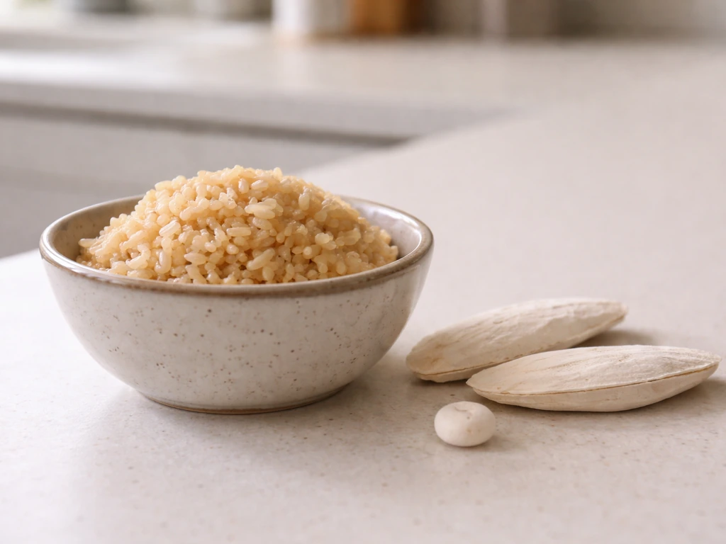 Close-up of a small bowl of cooked brown rice and a cuttlebone on a kitchen counter