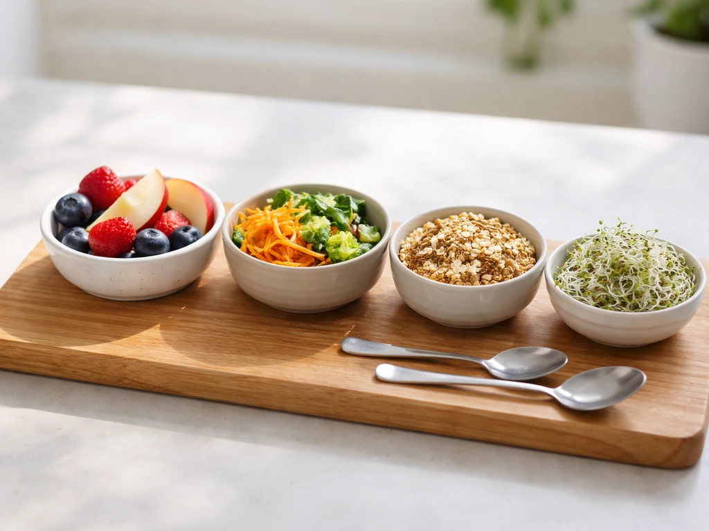 Top-down style photo of four bowls of fruits, veggies, grains, and sprouts with spoon sizes for portions