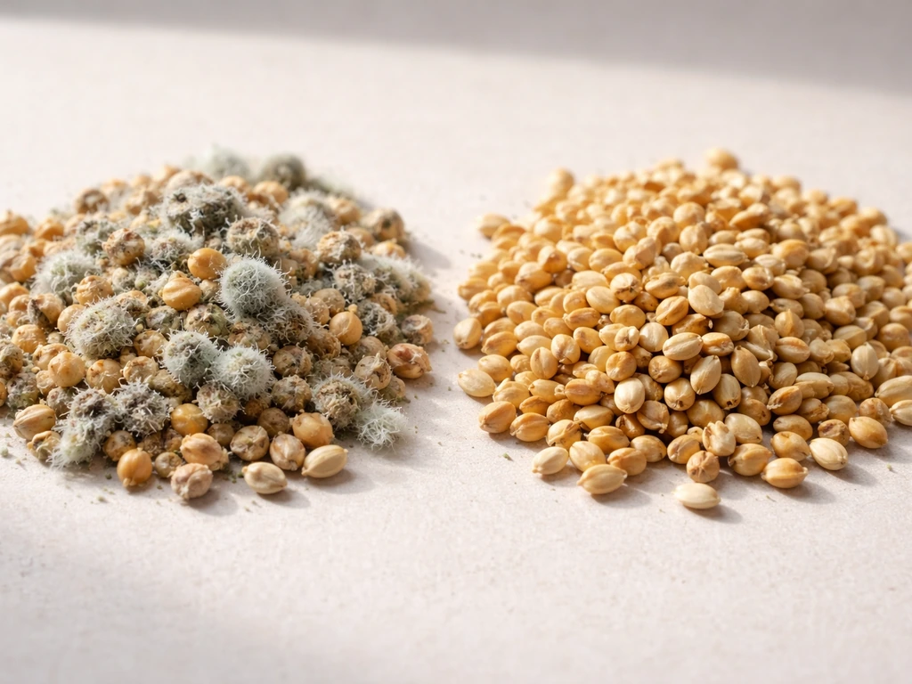 Close-up comparison of moldy bird seed with fuzzy growth next to clean dry bird seed.