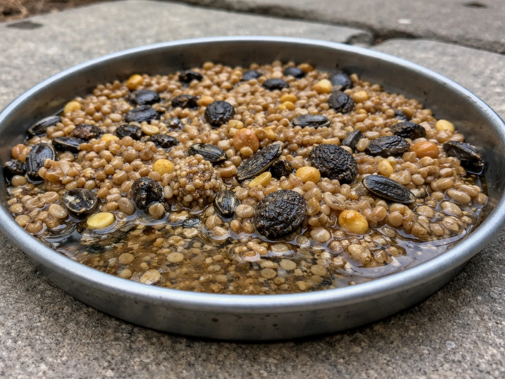 Bird seed in a shallow tray, visibly damp and clumping with darkened, pooled areas